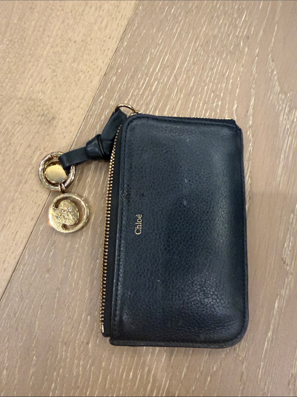 Chloé Black Leather Zip Card Holder with Gold Charm Detail